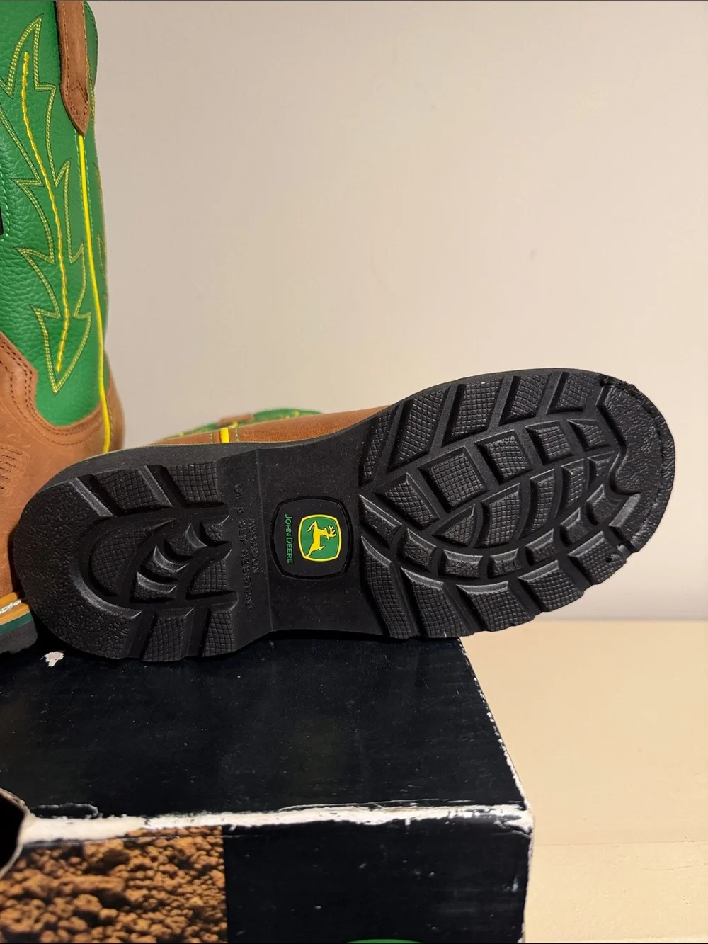 John Deere Green and Brown Kids Pull-On Western Boots with Yellow Trim